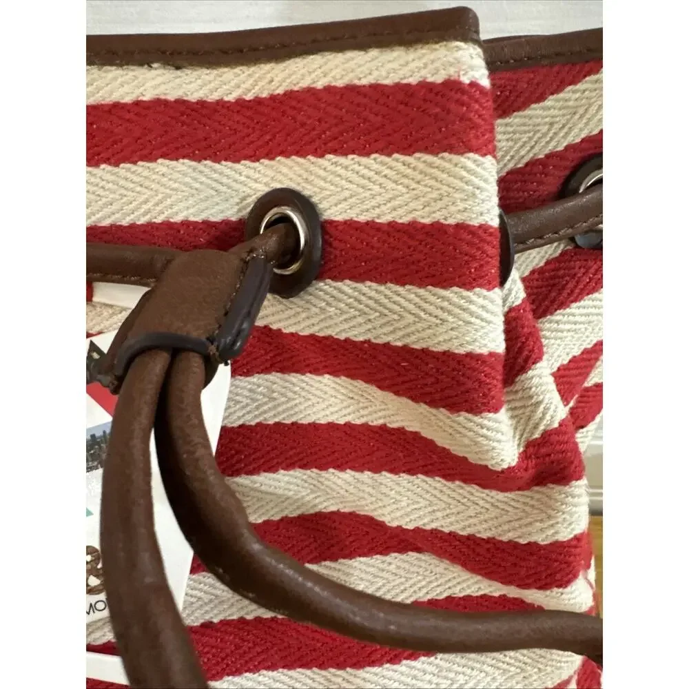 NWT KG&B Canvas Bucket Bag Red White Striped Drawstring Purse Braided Handle